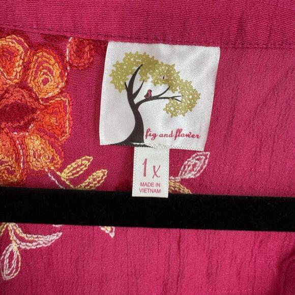 Fig & Flower top 1x pink floral button down tie front colorful beachy plus work - Picture 2 of 5